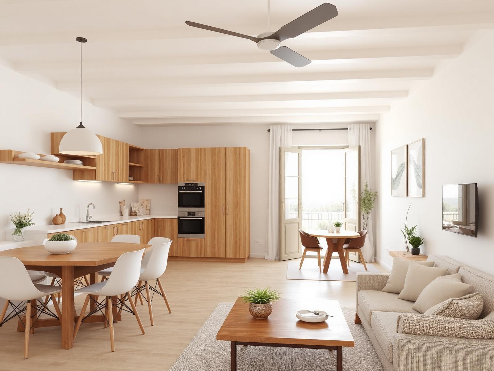 3D vizualizacija opremljenog apartmana s otvorenom kuhinjom, blagovaonicom i dnevnim boravkom