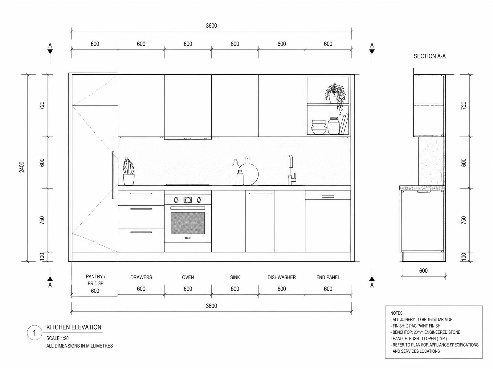 Tehnički nacrt kuhinje s kotama, modulima i dimenzijama u milimetrima